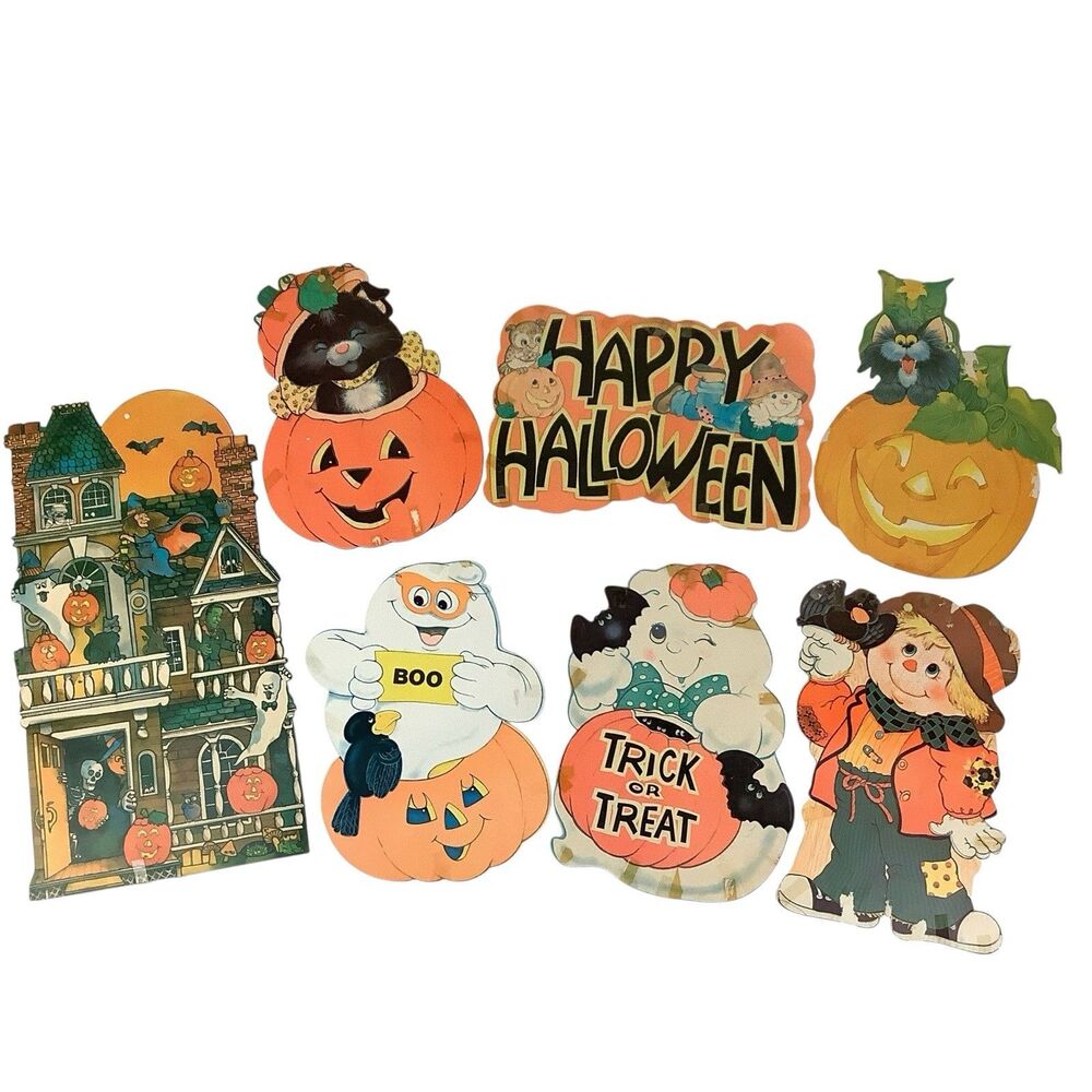 Vintage Halloween Die Cuts Ghost Bats Cat Pumpkins 70s 80s Lot of 7 Flaws